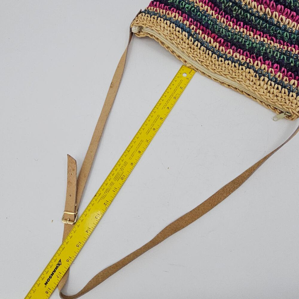 Vintage Crochet Cornhusk Leather Boho Beach Tote Bag Purse Striped Bohemian - Picture 7 of 8